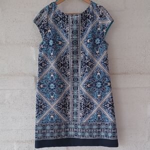 Tiana B. Blue and White Geometric Paisley Mini Dress Cap Sleeve Plus Size